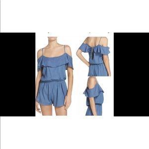 Bikini Lab blue romper shorts top set outfit large L New NWT off shoulder